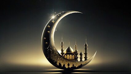 Obraz na płótnie Canvas 3D Render of Shiny Crescent Moon With Beautiful Carved Mosque On Night Background. Islamic Religious Concept.