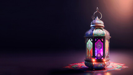 Realistic Illuminated Arabic Lantern On Mandala (Rangoli). Islamic Religious Concept. 3D Render.