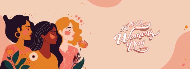 Sticker Style Happy Women's Day Text And Three Young Women Characters On Peach Background.