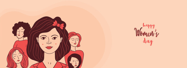 Happy Women's Day Banner Design With Group of Fashionable Young Girls Characters On Peach Background.