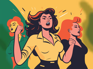 Naklejka na ściany i meble Fashionable Young Women Characters Screaming On Chrome Yellow And Green Background. Happy Women's Day Concept.