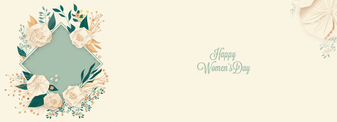 Happy Women's Day Banner Design With Empty Rhombus Frame Decorated By Beautiful Floral.