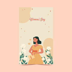 Women's Day Vertical Banner Design With Modern Young Woman Character Holding Purse On Floral Background.