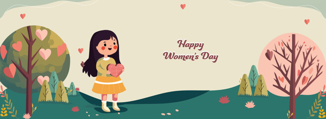 Fototapeta premium Happy Women's Day Banner Design With Young Girl Character Holding A Heart On Nature Background.