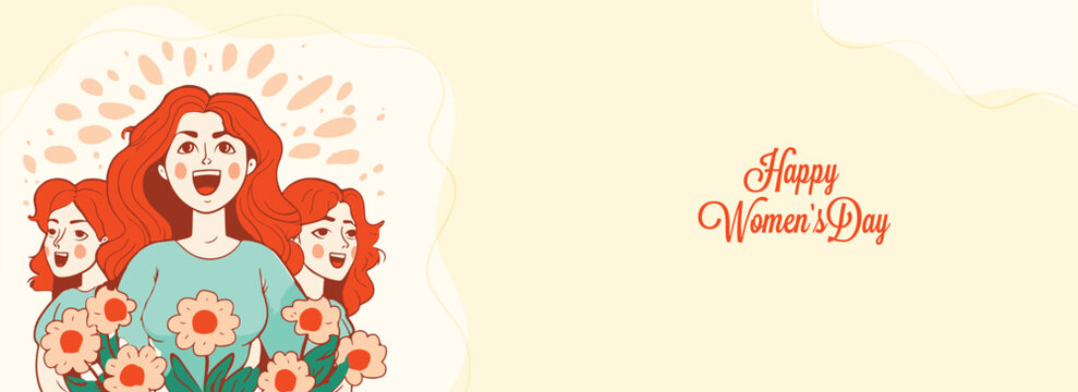 Happy Women's Day Banner Design With Three Young Girl Characters Shouting, Flowers On Light Yellow Background.