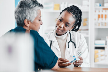 Pills, pharmacy or old woman consulting with a pharmacist for retail healthcare treatment...
