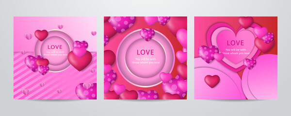 Valentines day concept square greeting card in paper cut realistic style