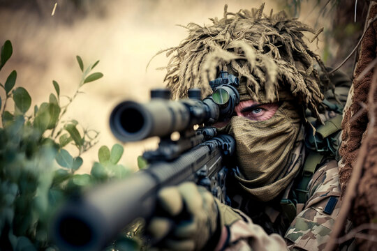 Sniper soldier camouflaged in operation. Generative AI.