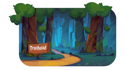 Cartoon forest trail landscape with wooden trailhead sign. Vector illustration of hiking route in natural reserve, many old trees, green grass and bushes. Scene for trekking and camping adventure