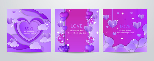 Happy valentine's day with cute purple and lovely 3d art style illustration