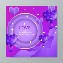 Happy valentine's day with cute purple and lovely 3d art style illustration