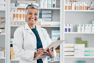 Elderly woman, pharmacist portrait smile and store data of pills stock, insurance or medical documents. Healthcare, doctor and senior female wellness consultant with happiness about pharmacy