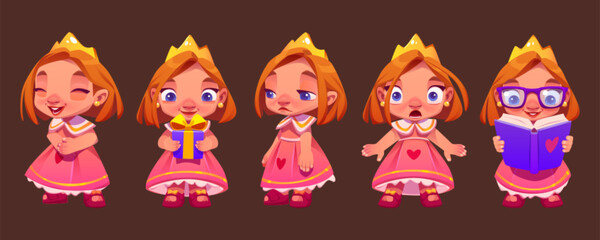 Cute princess character with expression, emotions isolated cartoon vector. Little funny girl in crown and glasses read book, hold of gift box, sad and laugh, scared or surprised, set of comic icons © klyaksun