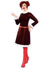 3D Girl in festive red Christmas dress