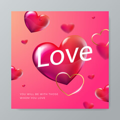 Valentine's day square post background banner template with 3d realistic romantic valentine decorations