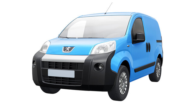 Paris, France. February 1, 2023. Blue Peugeot Bipper on a white background. A small commercial car-based delivery van for the narrow streets of old towns. Courier delivery of orders. 3d rendering