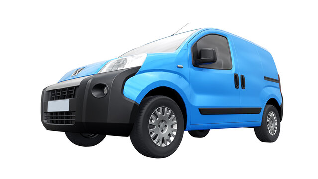Paris, France. February 1, 2023. Blue Peugeot Bipper on a white background. A small commercial car-based delivery van for the narrow streets of old towns. Courier delivery of orders. 3d rendering