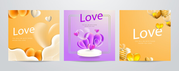 Fototapeta premium Orange, pink and white hearts with golden confetti on orange background. Vector illustration. Paper cut decorations for Valentine's day design