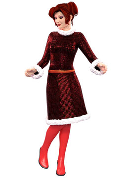 3D Girl in festive red Christmas dress