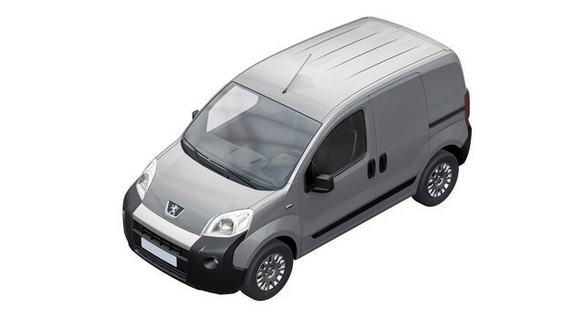 Paris, France. February 1, 2023. Grey Peugeot Bipper on a white background. A small commercial car-based delivery van for the narrow streets of old towns. Courier delivery of orders. 3d rendering