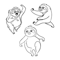 Antistress coloring page. Lazy sloths wild animal lies on branch, climbs trees or eats green leaves. Design elements for stickers, social networks. Isolated on white background. © Anastasiia