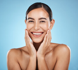 Portrait, face and beauty skincare of woman in studio isolated on a blue background. Aesthetics, makeup or cosmetics of female model with healthy, glowing and flawless skin after spa facial treatment