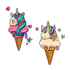 Set of two cartoon ice cream unicorns in waffle cones with a colorful mane. Vector illustration isolated on white background. For printing packaging, cards, designers, clothes, interior, icon, logo