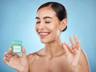 Woman, floss and smile, face with dental healthcare, fresh breath and teeth cleaning isolated on...