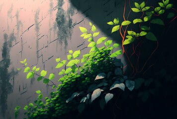 close-up of lush green foliage, such as leaves and branches, against a concrete wall, DIGITAL ART (AI Generated)