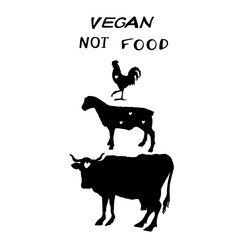 Vegan. Not Food. Vegan logotype design animals silhouette. Сow, sheep and rooster black silhouettes. Vector illustration isolated on white. For printing, card, designers, clothes, interior, icon, logo