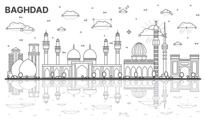 Outline Baghdad Iraq City Skyline with Historic Buildings and Reflections Isolated on White.
