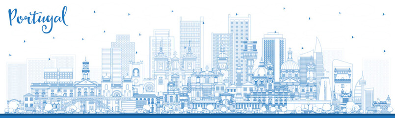 Portugal. Outline City Skyline with Blue Buildings. Vector Illustration. Concept with Modern and Historic Architecture. Portugal Cityscape with Landmarks.