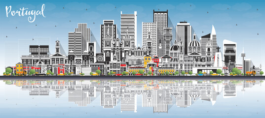 Portugal. City Skyline with Gray Buildings, Blue Sky and Reflections. Vector Illustration. Concept with Modern and Historic Architecture. Portugal Cityscape with Landmarks. Porto and Lisbon.