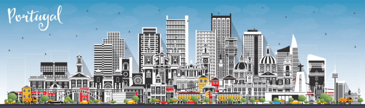 Portugal. City Skyline with Gray Buildings and Blue Sky. Vector Illustration. Concept with Modern and Historic Architecture. Portugal Cityscape with Landmarks.