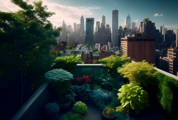 Fototapeta premium panoramic view of a rooftop garden with multiple levels, featuring a variety of green plants, shrubs and trees, set against a city skyline (AI Generated)