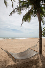 Luxurious hammock under a coconut palm tree with surf beach and sea in the background on sunny day in the tropics. Vertical format