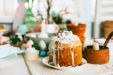 set table for Easter party, setting for celebration of Happy Easter in country house, spring, rustic style