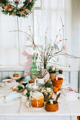 set table for Easter party, setting for celebration of Happy Easter in country house, spring, rustic style