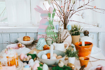set table for Easter party, setting for celebration of Happy Easter in country house, spring, rustic style