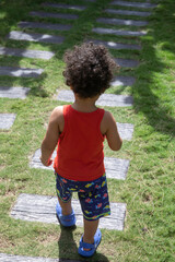 Cute boy toddler on summer vacation walking in the garden. He has brown curly hair and is wearing bright colors as seen from back.