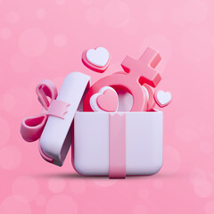 3D Illustration Women's day banner. Pink female sign and hearts on pink background.