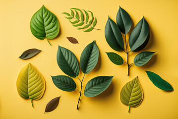 Green leaves on yellow background, from above, flat lay, Generative Ai