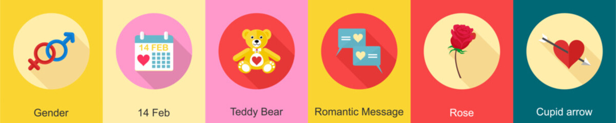 Fototapeta na wymiar A set of 6 Valentine icons as gender, 14 feb, teddy bear
