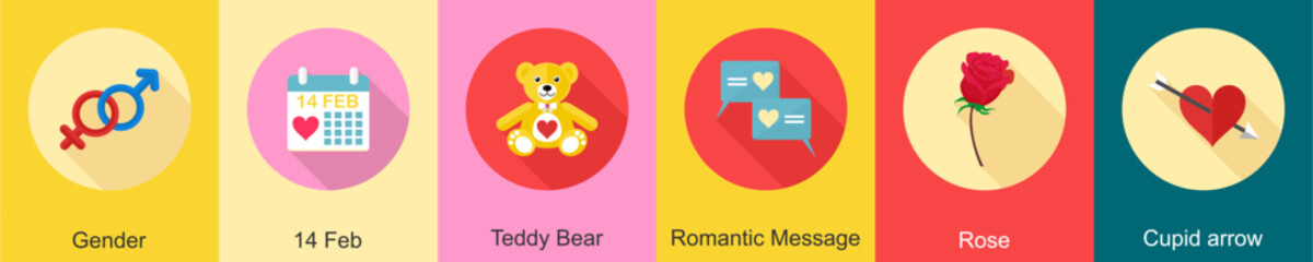 A set of 6 Valentine icons as gender, 14 feb, teddy bear