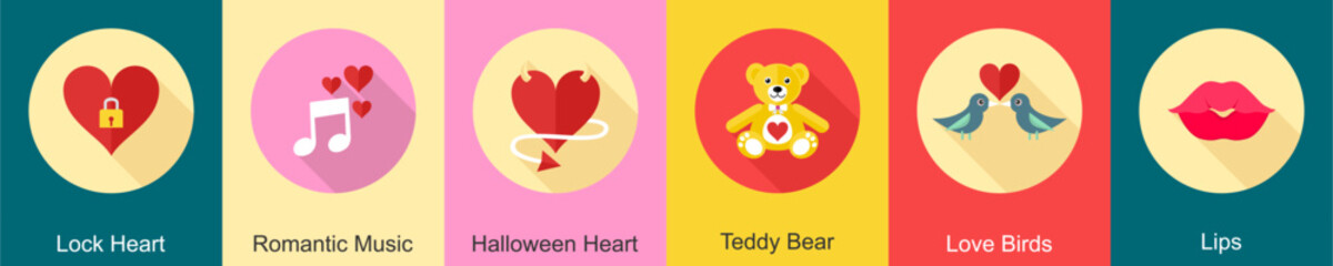 A set of 6 Valentine icons as lock heart, romantic music, halloween heart