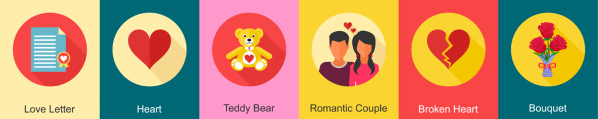 A set of 6 Valentine icons as love letter, heart, teddy bear