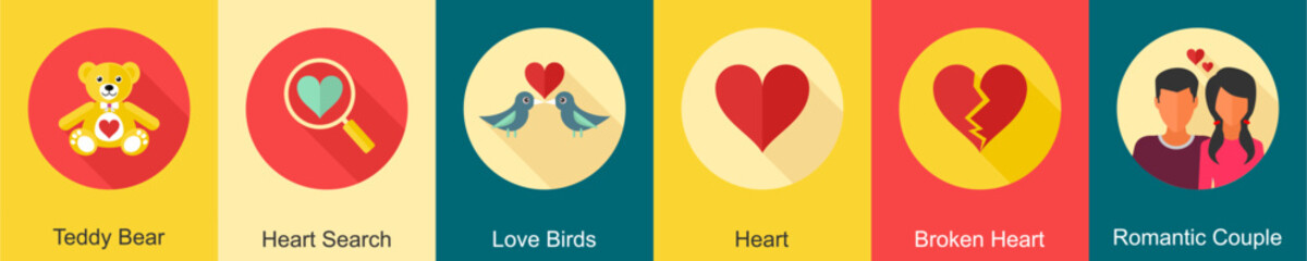 A set of 6 Valentine icons as teddy bear, heart search, love birds