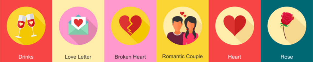 A set of 6 Valentine icons as drinks, love letter, broken heart