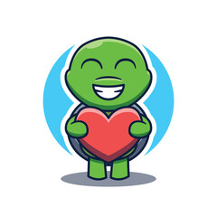 Cute turtle mascot cartoon logo holding a heart