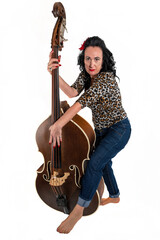 middle aged woman with a double bass on a white background